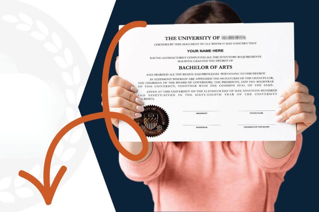 Customer holding a replica diploma with gold seal and parchment-style paper, highlighted with an orange arrow for emphasis.