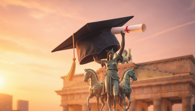 Illustration of the Brandenburg Gate's Quadriga statue wearing a graduation cap and holding a diploma aloft, with Berlin's skyline in the background, symbolizing premium German diploma and novelty document choices