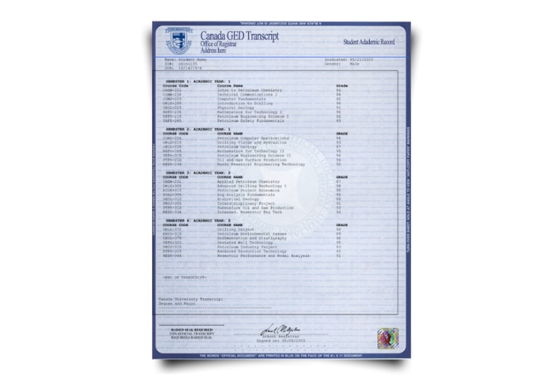 Canada GED Transcript