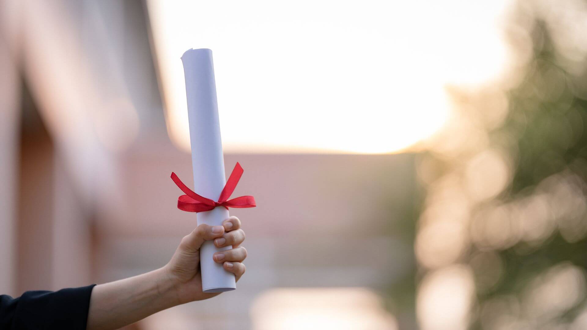 graduate holding rolled up diploma degree certificate against the sun