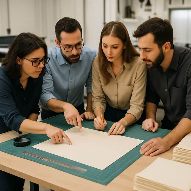 Team of designers collaborating in a print shop, reviewing a certificate keepsake proof — premium craftsmanship.