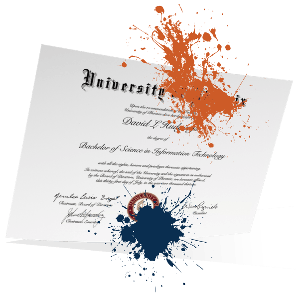 Close up of a replica diploma with raised seal and custom signatures