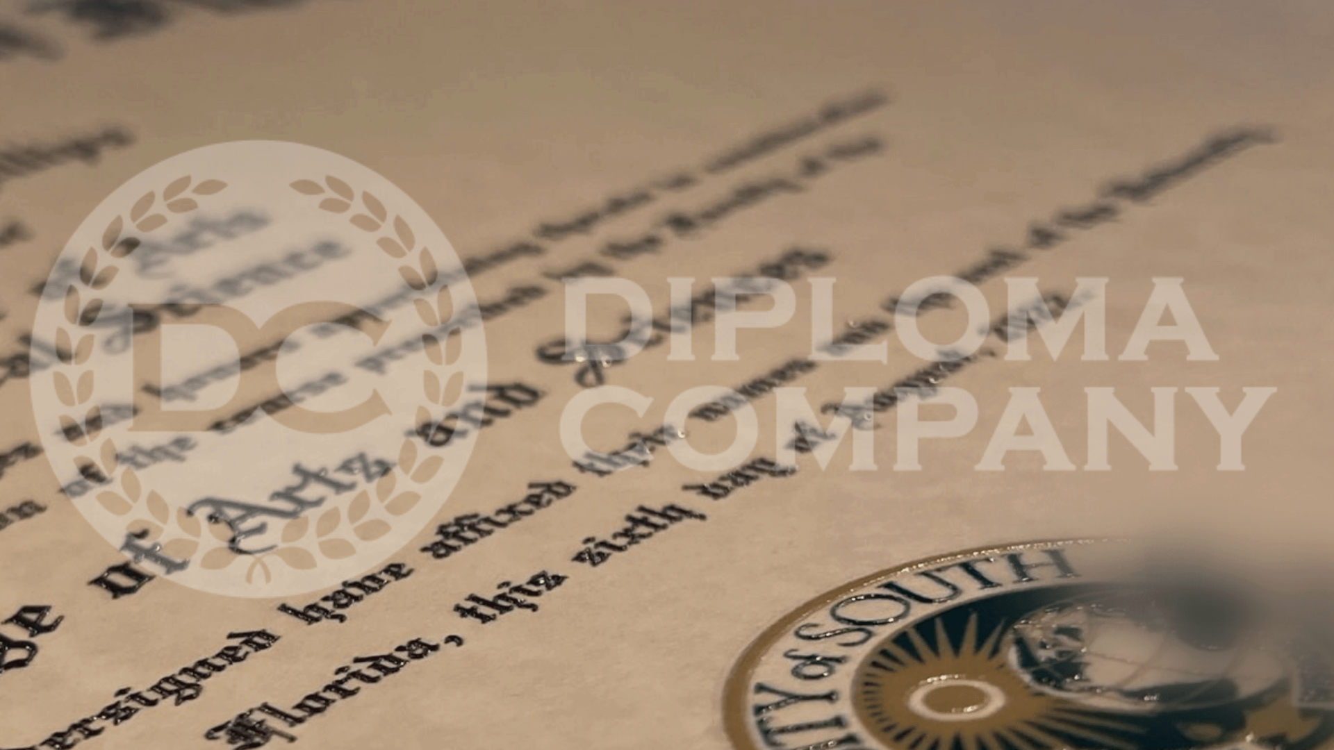 beautifully lite upclose image of a fake degree from the university of south florida with raised and embossed seal