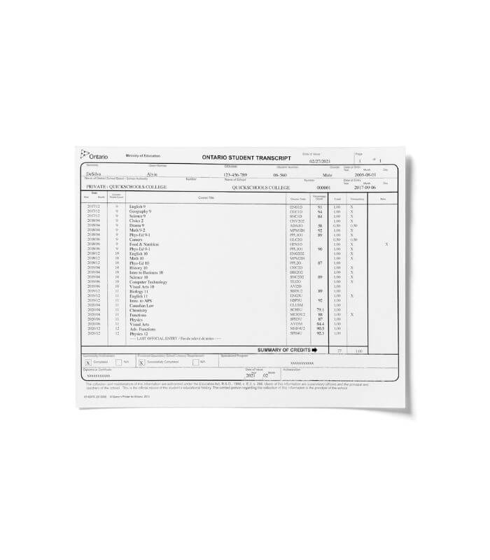 Fake GED transcript with custom grades