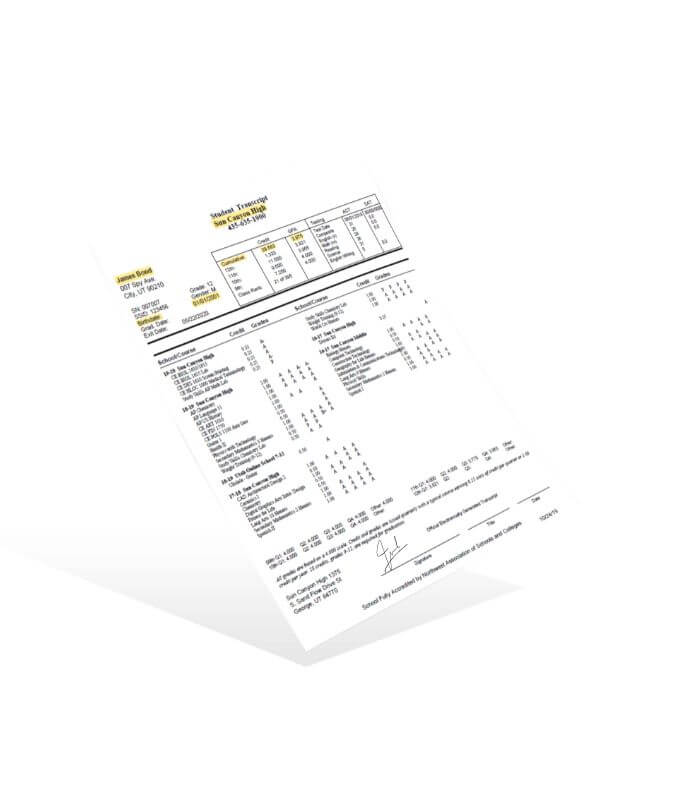 Fake high school transcript with embossed seal