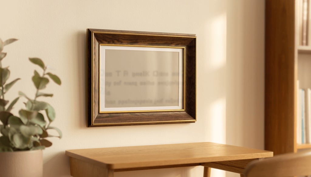 Framed diploma display ready to hang above a home office desk