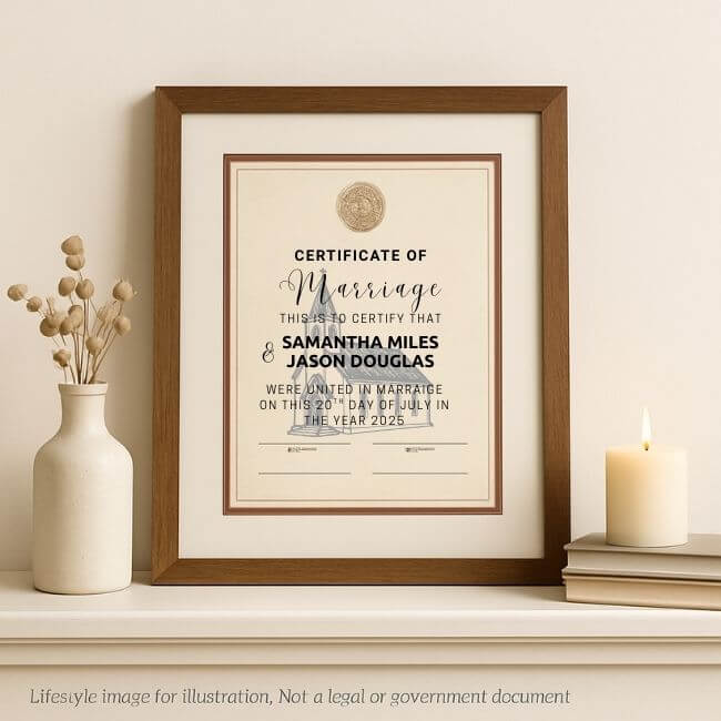 Framed keepsake marriage certificate displayed on a mantel with candle and vase — decorative print for wedding gifts and home décor, not a legal document.