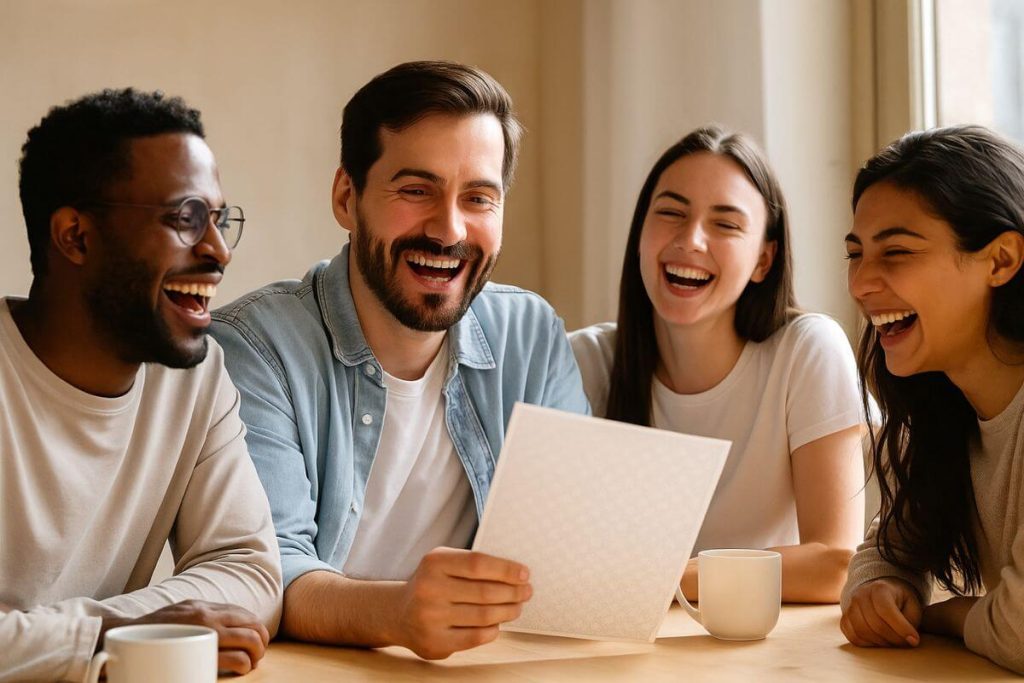Group of friends laughing around a table, holding security-style paper as a novelty prop