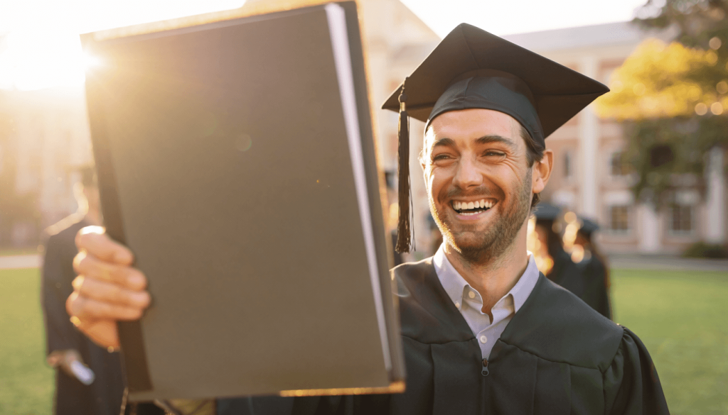 Graduate holding a diploma prop for photos on graduation day