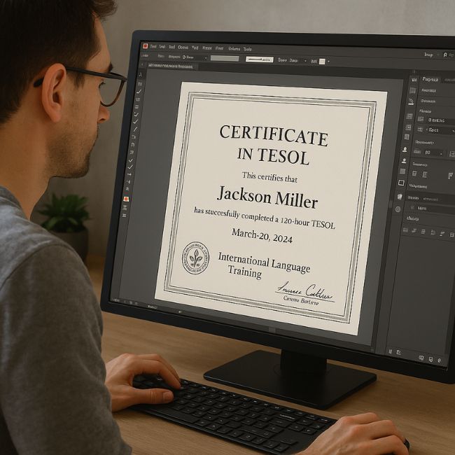 Graphic designer customizing a realistic TESOL certificate replica on a computer