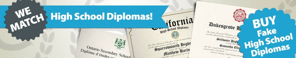 Promotional banner to buy fake high school diplomas online, showing replica diploma layouts with seals and signatures