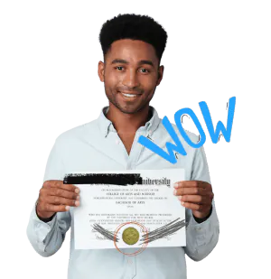Man holding a replica college degree with gold seal