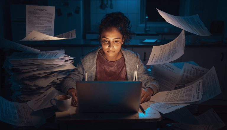 Exhausted young job seeker buried under a pile of resumes and job applications at a laptop late at night, illustrating the pressure of the job market without a college diploma