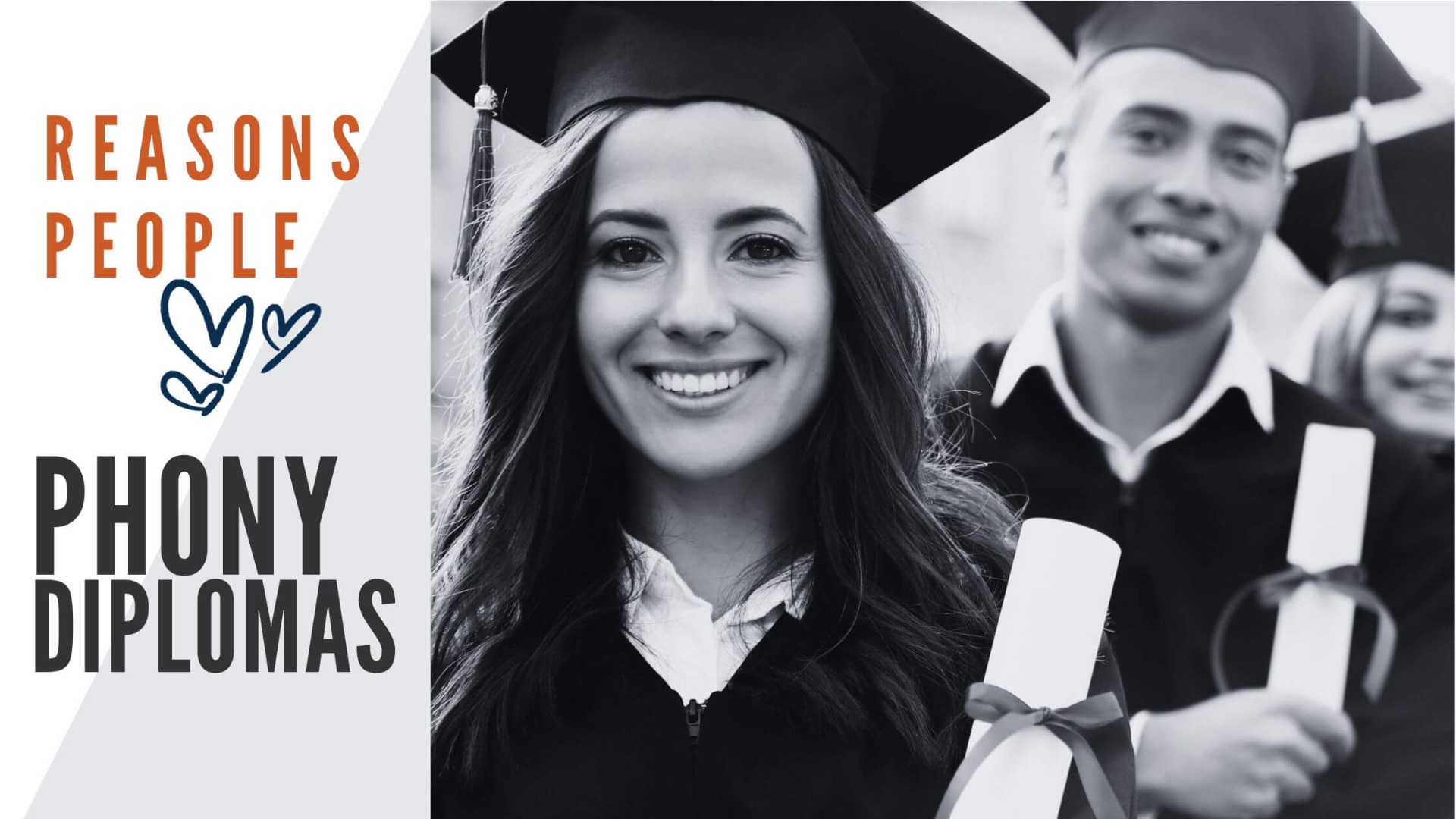 Why people love phony diplomas? Black and white image of college graduates holding diplomas