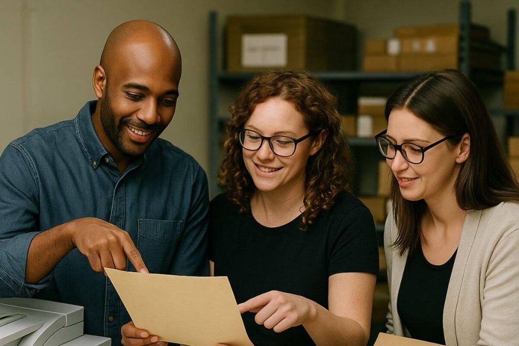 Diploma Company staff reviewing a printed diploma before packaging and shipment