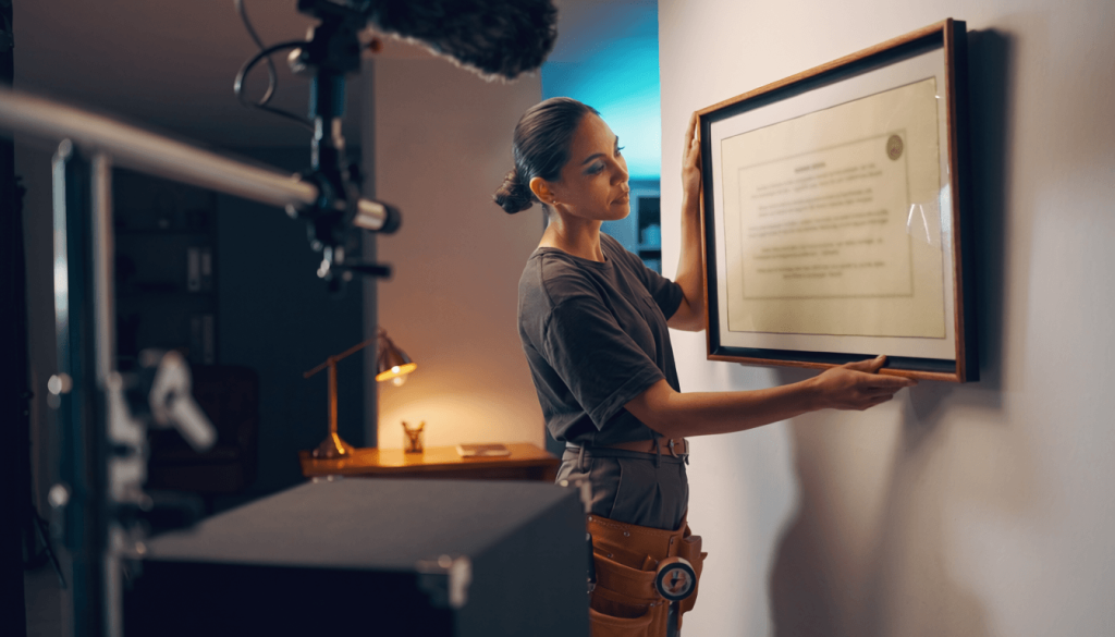 Prop department adjusting a diploma prop on a film set wall