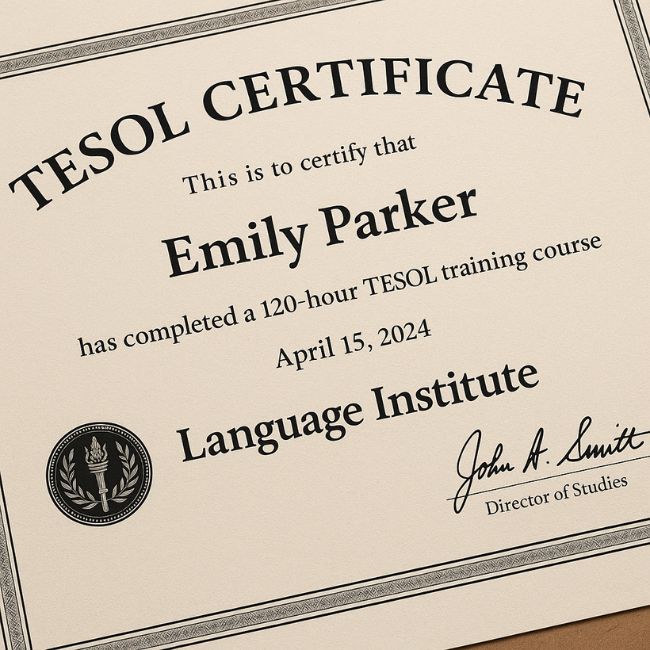 Stack of realistic replica TESOL certificates printed on textured paper with seals