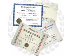 A collage replica certificates including marriage, TESOL, birth, and more.