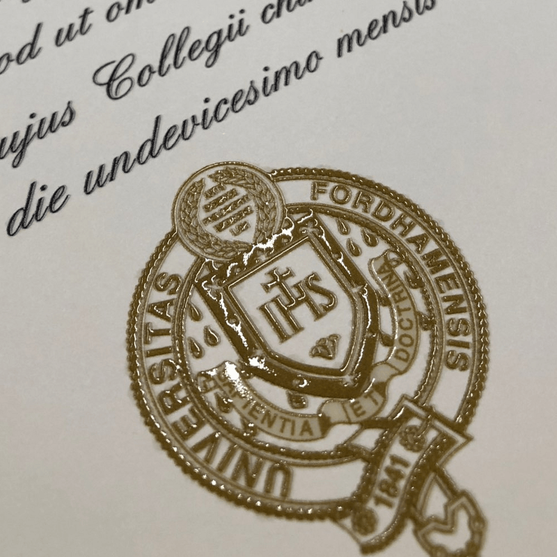 Gold embossed seal on a replica diploma