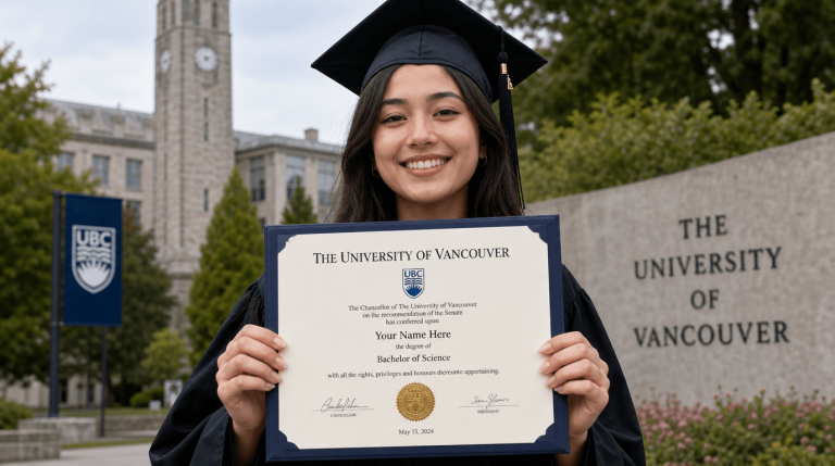 A graduate in cap and gown smiling and holding up a diploma on a university campus, representing the choice between a diploma and transcript for Vancouver job seekers