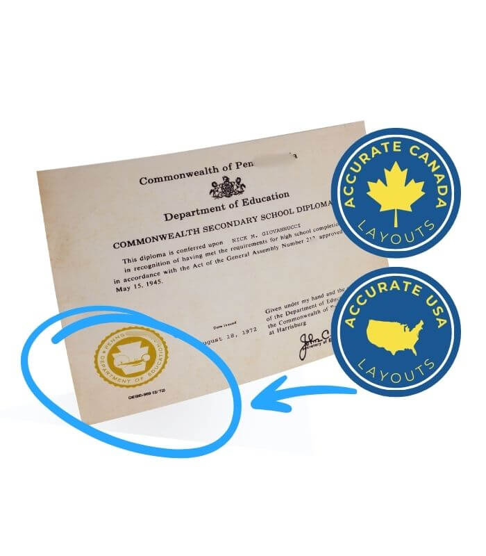 Replica GED diploma on parchment-style paper with raised gold seal