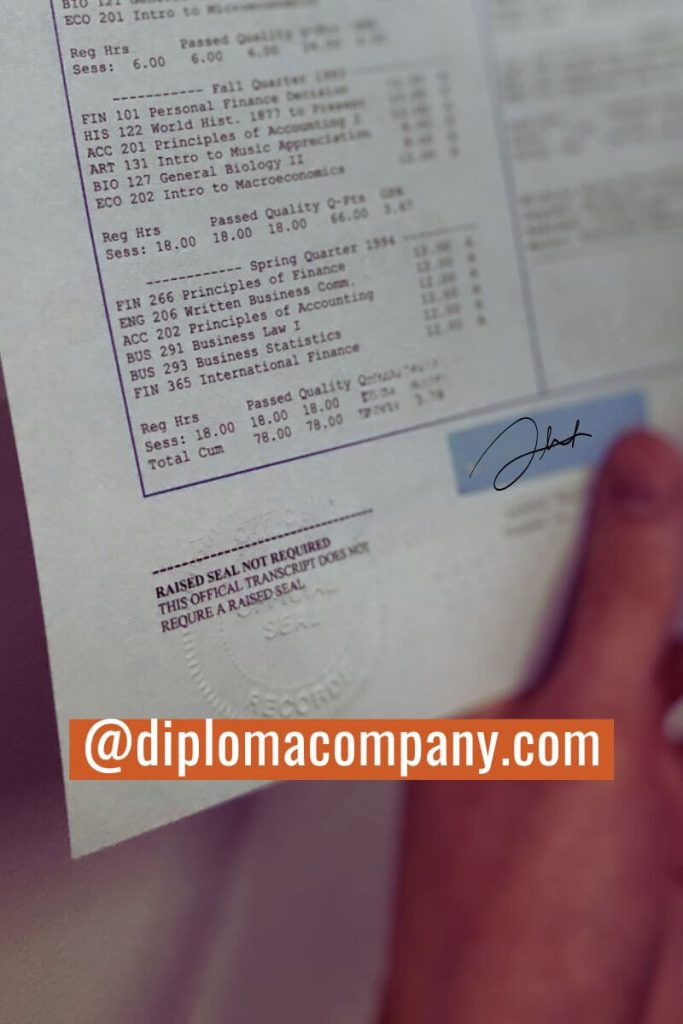 Transcript close-up showing registrar-style signature and embossed mark