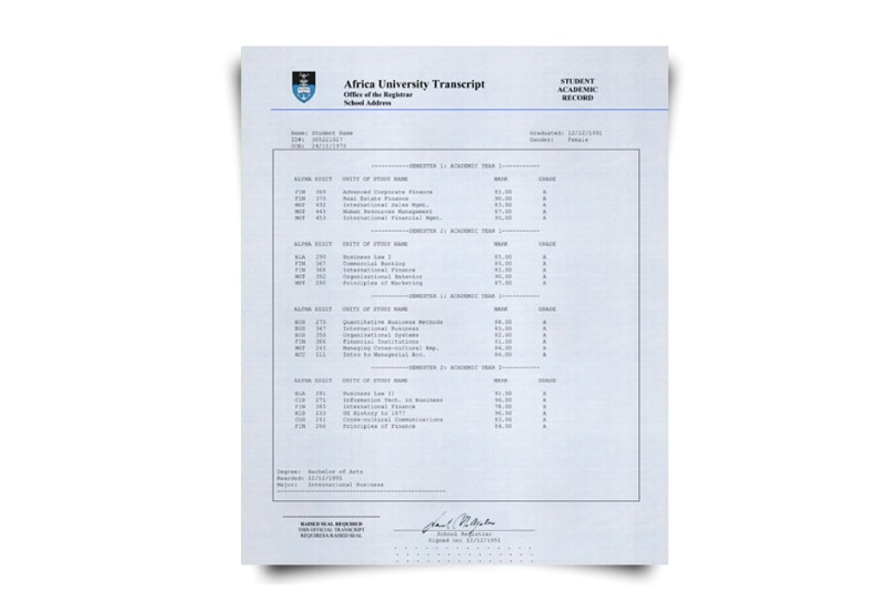 South Africa University Transcript