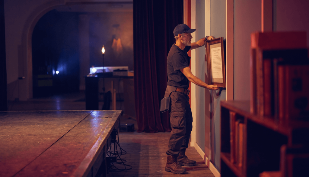 Stage crew placing a diploma prop before a theatre performance
