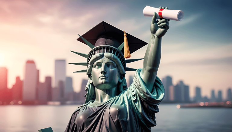 Illustration of the Statue of Liberty wearing a graduation cap and gown, holding a diploma aloft in place of her torch, with the New York skyline in the background, symbolizing premium USA diploma and novelty document choices