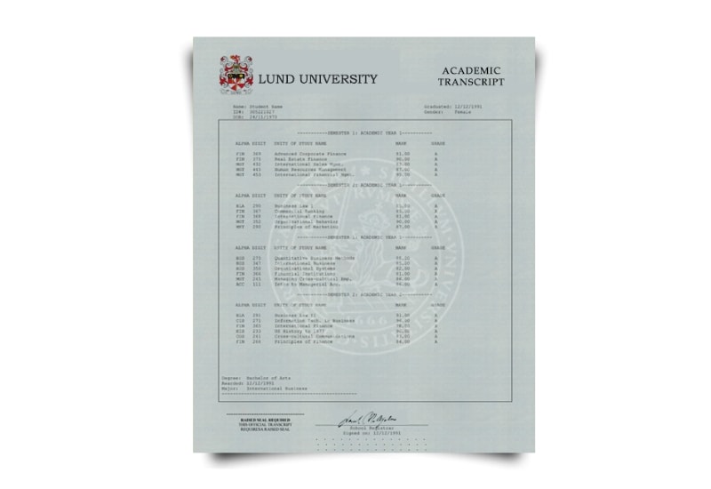 Sweden University Transcript