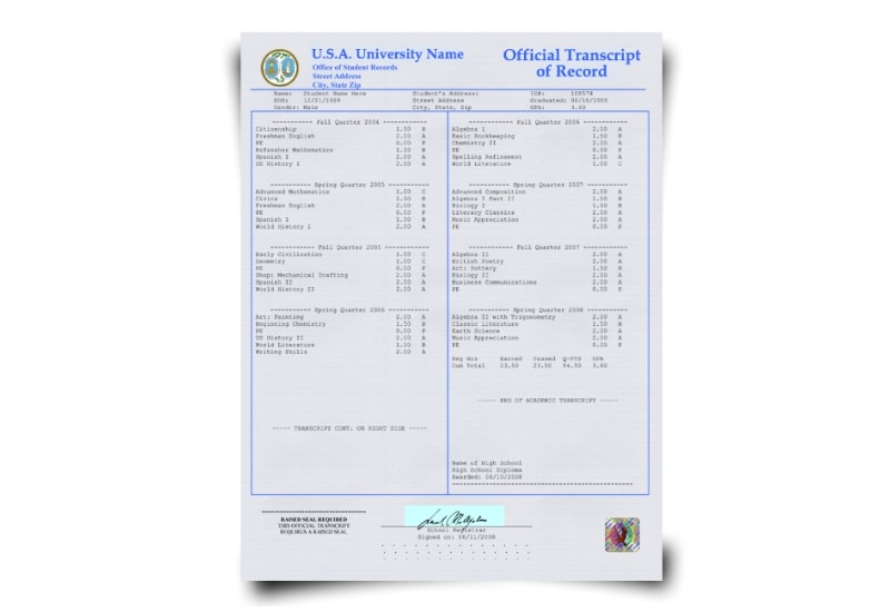 USA College Transcript