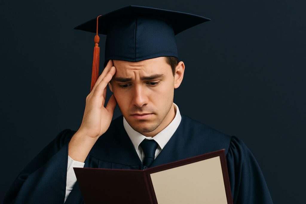 A young high school graduate in cap and gown looks worried while holding an empty diploma folder, symbolizing a lost or missing diploma.
