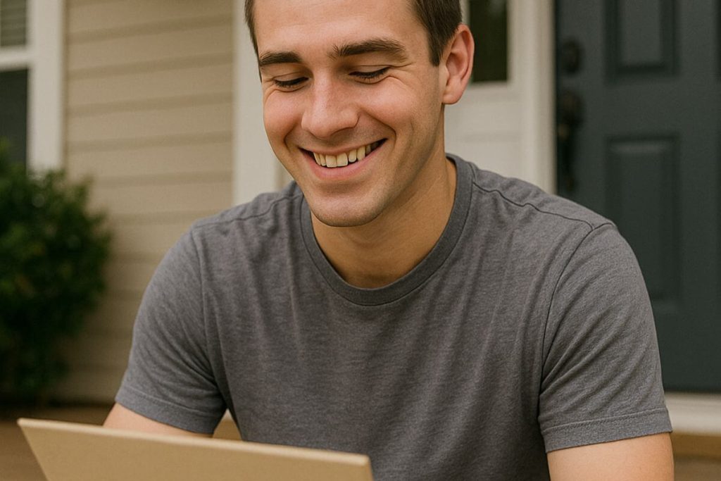 A young man in a t-shirt and jeans sits on a front porch smiling while looking down at the back of a package containing a diploma, symbolizing the pride of receiving a high school document.